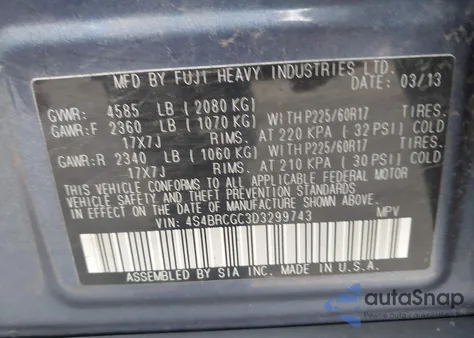 2013 Subaru Outback 2.5I Premium from USA, damaged, VIN 4S4BRCGC3D3299743